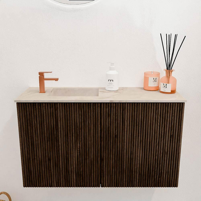 Mondiaz JOYA-DLUX 70cm toiletmeubel - kleur Walnut - Wastafel FAYE positie Links 1 kraangat kleur Frappe.