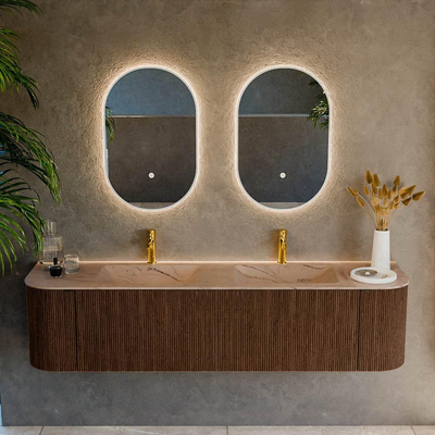 MONDIAZ KURVE-DLUX Meuble de salle de bains 180cm arrondi Gauche + Droite couleur Walnut avec 2 tiroirs et 2 portes. Lavabo LEAF Double 2 trous de robinet Arena.