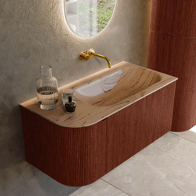 MONDIAZ KURVE-DLUX Meuble de salle de bains 95cm arrondi à gauche couleur Ruby avec 1 tiroir et 1 porte. Lavabo BIG SMALL à droite sans trou de robinet Arena.