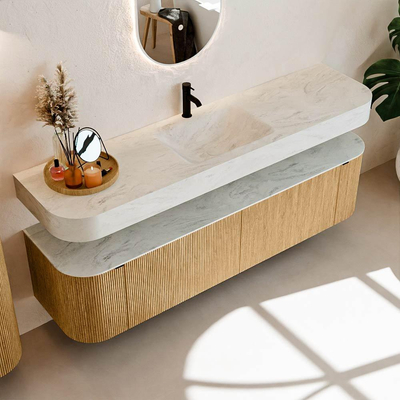 MONDIAZ THOR-DLUX 180cm meuble de salle de bains arrondi gauche + droite couleur Oak avec 2 tiroirs et 2 portes. Vasque suspendue CLOUD Milieu 1 trou de robinet couleur Opalo.