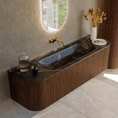 MONDIAZ KURVE-DLUX 160cm badmeubel met module 25 Len R kleur Walnut met 1 lade en 2 deuren. Wastafel BIG MEDIUM midden zonder kraangat kleur Lava.