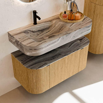 MONDIAZ THOR-DLUX 100cm badmeubel ronding links + rechts kleur Oak met 1 lade en 2 deuren. Vrijhangende wastafel CLOUD Links 1 kraangat kleur Sombra.