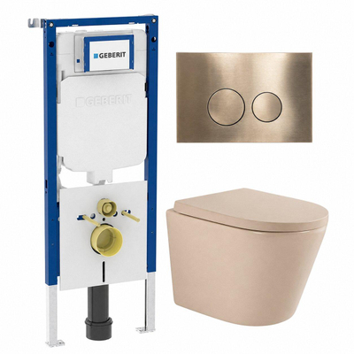 QeramiQ Dely Toiletset - 36.3x51.7cm - diepspoel - rimless - Geberit UP720 inbouwreservoir - softclose toilet zitting - 35mm - geborsteld messing bedieningsplaat - ronde knoppen - mat beige