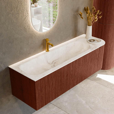 Mondiaz KURVE-DLUX Badkamermeubelset - 145x46x40cm - 1 lade - 1 deur - wastafel solid surface - links - 1 kraangat - Ruby