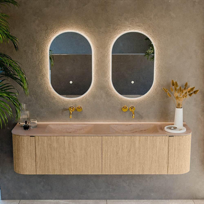 MONDIAZ KURVE-DLUX Meuble de salle de bains 180cm arrondi Gauche + Droite couleur Chêne avec 2 tiroirs et 2 portes. Lavabo LEAF Double sans trou de robinet Saba.