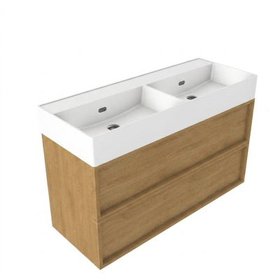 Saniclass Holz Frame Ensemble de meuble de salle de bains - 120x45x72cm - Legend lavabo en céramique blanc mat - 2 vasques - 2 trous de robinet - 2 tiroirs - chêne natural mat (bois)