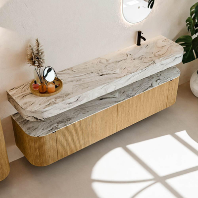 MONDIAZ THOR-DLUX 200cm meuble de salle de bains arrondi gauche + droite couleur Oak avec 2 tiroirs et 2 portes. Vasque suspendue CLOUD Droite 1 trou de robinet couleur Glace.