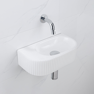 QeramiQ Fuente pack lave-mains – demi-rond – 40 x 21,5 x 12 cm – céramique blanc brillant – robinet chromé – cannelé