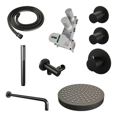 BRAUER Stripe Thermostatische Inbouw Regendouche - SET 02 - 25cm douchekop - gebogen muurarm - staaf handdouche - doucheslang - wandaansluitbocht - mat zwart
