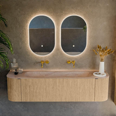 MONDIAZ KURVE-DLUX Meuble de salle de bains 170cm arrondi Gauche + Droite couleur Chêne avec 1 tiroir et 2 portes. Lavabo BIG LARGE Milieu sans trou de robinet Saba.