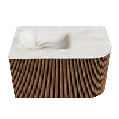 MONDIAZ KURVE-DLUX 75cm Meuble salle de bain avec module 25 D - couleur Walnut - 1 tiroir - 1 porte - vasque GRUNNE gauche - sans trou de robinet - couleur Frappe