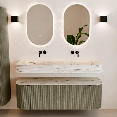 MONDIAZ THOR-DLUX Meuble de salle de bains 140cm arrondi gauche + droite couleur Shadow avec 1 tiroir et 2 portes. Vasque suspendue CLOUD Double sans trou de robinet couleur Nata.