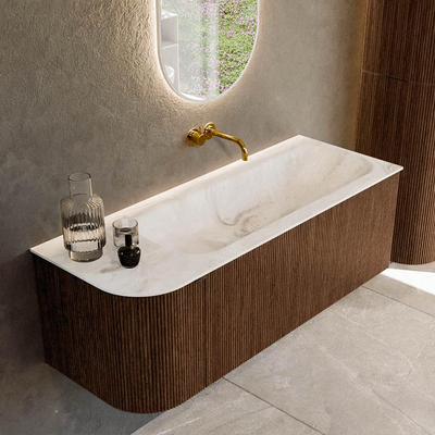 MONDIAZ KURVE-DLUX Meuble de salle de bains 125 cm avec module 25 L couleur Walnut avec 1 tiroir et 1 porte. Lavabo BIG MEDIUM à droite sans trou de robinet couleur Frappe.