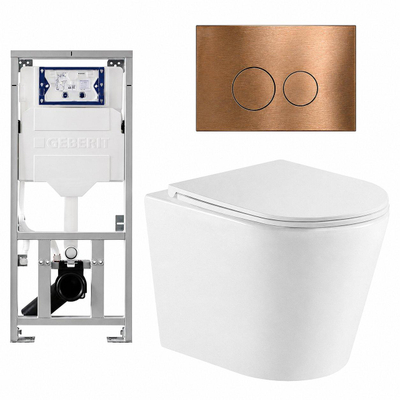 QeramiQ Dely Pack WC cuvette sans bride 36.3x51.7cm avec bâti-support Geberit UP320 abattant WC blanc brillant frein de chute et plaque de commande Cuivre boutons Ronds