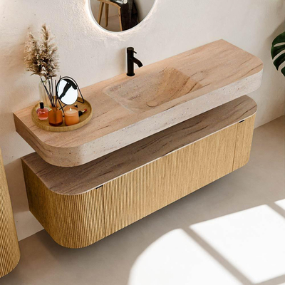 MONDIAZ THOR-DLUX 150cm badmeubel ronding links + rechts kleur Oak met 1 lade en 2 deuren. Vrijhangende wastafel CLOUD Midden 1 kraangat kleur Saba.