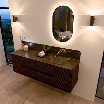 Mondiaz CIRO-DLUX Ensemble de meubles de salle de bains - 160x45x50cm - lavabo solid surface Lava - 1 vasque à droite - sans trous de robinet - 4 tiroirs - Noyer