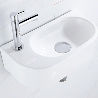 QeramiQ Fuente Ensemble de lavabo - 40x21.5x12cm - gauche - lisse - demi-rond - 1 trou de robinet - céramique - robinet de lavabo chrome - bouchon de vidange - siphon abaissé - blanc brillant