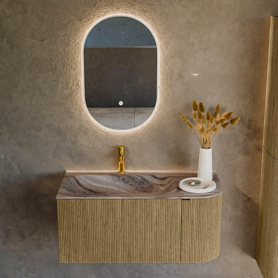 MONDIAZ KURVE-DLUX Meuble de salle de bains 95cm arrondi à droite couleur Dusk avec 1 tiroir et 1 porte. Lavabo BIG SMALL à gauche 1 trou de robinet Sombra.