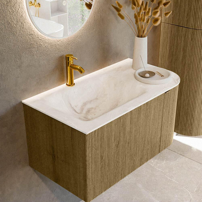 Mondiaz KURVE-DLUX Ensemble de meuble de salle de bains - 85x46x40cm - 1 tiroir - 1 porte - lavabo solid surface - gauche - 1 trou de robinet - Dusk