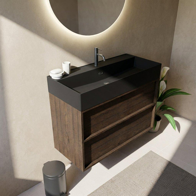 Saniclass Holz Frame Ensemble meuble de salle de bains - 100x45x72cm - Legend lavabo en céramique noir mat - 1 vasque - 1 trou de robinetterie - 2 tiroirs - chêne charcoal mat (bois)