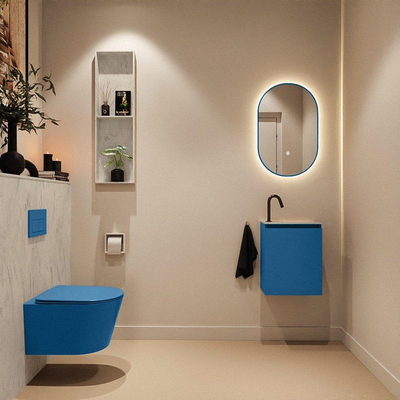 MONDIAZ TURE-DLUX Meuble toilette - 40cm - Jeans - EDEN - vasque Opalo - position droite - 1 trou de robinet