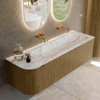 Mondiaz KURVE-DLUX Badkamermeubelset - 145x46x40cm - 1 lade - 1 deur - wastafel solid surface - rechts - zonder kraangat - Dusk