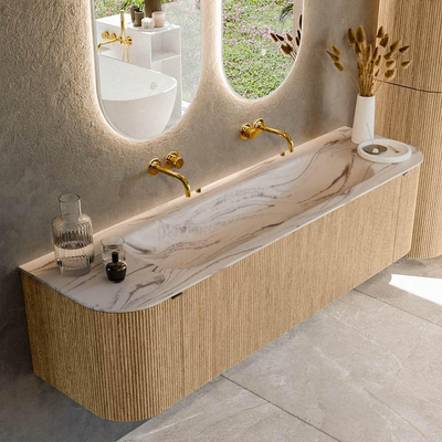 MONDIAZ KURVE-DLUX 170cm badmeubel ronding Links + Rechts kleur Oak met 1 lade en 2 deuren. Wastafel BIG LARGE Midden zonder kraangat Nata.