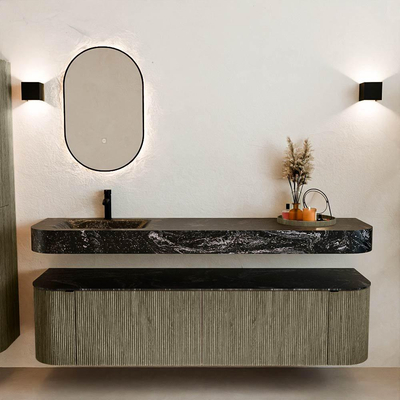 MONDIAZ THOR-DLUX 180cm badmeubel ronding links + rechts kleur Shadow met 2 lades en 2 deuren. Vrijhangende wastafel CLOUD Links 1 kraangat kleur Lava.