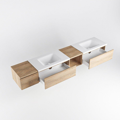 MONDIAZ BUKLA 240cm ensemble de meuble avec module ouvert 40 à droite couleur Chêne blanchi avec 3 tiroirs. Lavabo CLOUD double 2 trous de robinet couleur Talc.