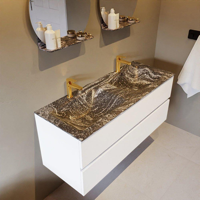 Mondiaz VICA-DLUX Ensemble de meuble de salle de bain - 120cm - meuble sous-vasque talc - 2 tiroirs - lavabo encastrée cloud double - 2 trous de robinet - version haute de 60cm - lave