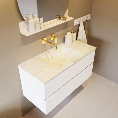 Mondiaz VICA-DLUX ensemble de meuble de salle de bain - 100cm - meuble sous lavabo talc - 2 tiroirs - lavabo encastré cloud milieu - sans trous de robinet - miroir modèle spot - version XL 60cm haut - ostra