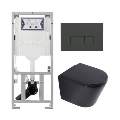 QeramiQ Dely Toiletset - 36.3x51.7cm - diepspoel - rimless - Geberit UP320 inbouwreservoir - softclose toilet zitting - 35mm - bedieningsplaat antraciet mat - rechthoekige knoppen - mat zwart