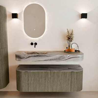 MONDIAZ THOR-DLUX Meuble de salle de bains 130cm arrondi gauche + droite couleur Shadow avec 1 tiroir et 2 portes. Vasque suspendue CLOUD Gauche sans trou de robinet couleur Sombra.