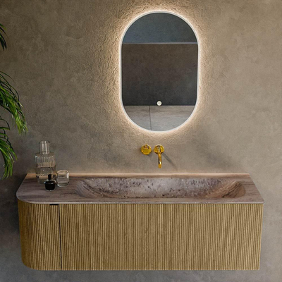 MONDIAZ KURVE-DLUX Meuble de salle de bains 135cm arrondi gauche couleur Dusk avec 1 tiroir et 1 porte. Lavabo BIG MEDIUM droit sans trou de robinet Oza.