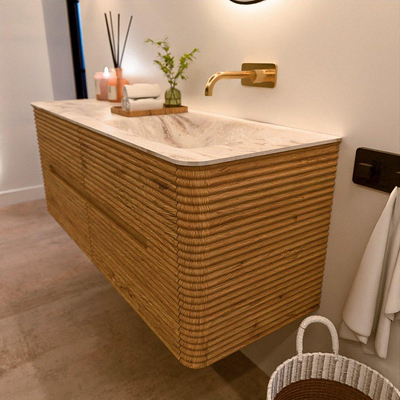 Mondiaz CIRO-DLUX Ensemble de meubles de salle de bains - 130x45x50cm - Plan vasque solid surface Frappe - 1 vasque à droite - sans trous de robinetterie - 4 tiroirs - Chêne