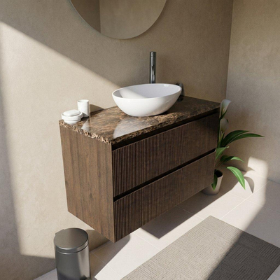 Saniclass Holz Atelier Ensemble de meubles de salle de bains - 100x45x63cm - Plan de toilette en pierre naturelle Noche dark emperador - 1 trou de robinet - 2 tiroirs - chêne charcoal mat (bois)