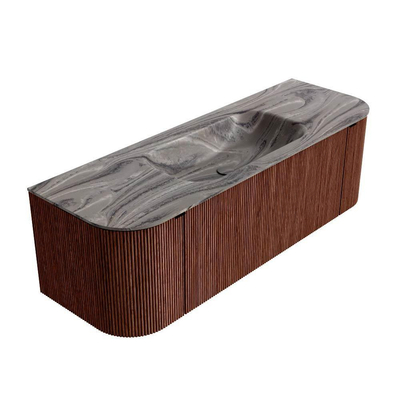 MONDIAZ KURVE-DLUX Meuble de salle de bains 140cm arrondi Gauche + Droite couleur Ruby avec 1 tiroir et 2 portes. Lavabo BIG SMALL Milieu 1 trou de robinet Sombra.