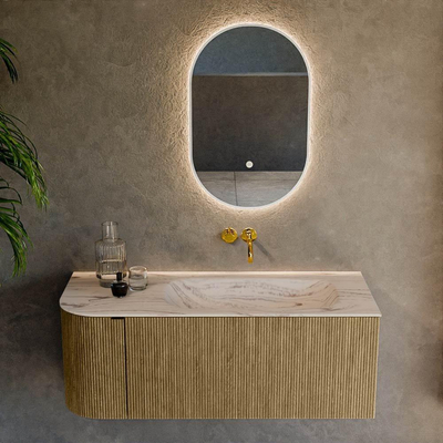 MONDIAZ KURVE-DLUX Meuble de salle de bains 115cm arrondi à gauche couleur Dusk avec 1 tiroir et 1 porte. Lavabo BIG SMALL à droite sans trou de robinet Nata.