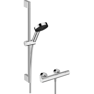 Hansgrohe Pulsify Select S Ensemble barre de douche - douchette à main - mitigeur de douche thermostatique - barre de douche - curseur - flexible de douche - barre chromée 65 cm chrome