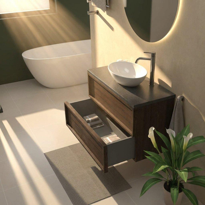 Saniclass Holz Frame Ensemble de meubles de salle de bains - 100x45x63cm - Plan vasque en basalte Noche poli (noir) - 1 trou de robinet - 2 tiroirs - chêne charcoal mat (bois)