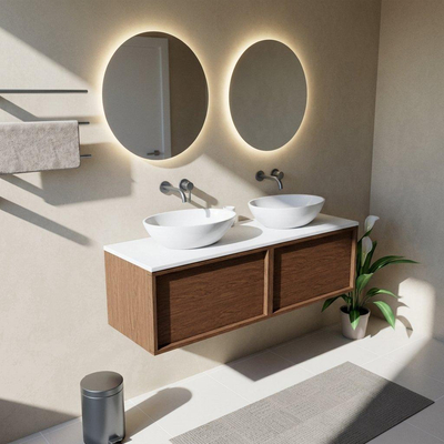 Saniclass Holz Frame Ensemble de meubles de salle de bains - 140x45x42.5cm - plan de travail Torino en solid surface blanc - sans trou de robinetterie - 2 tiroirs - noyer pur mat (bois)