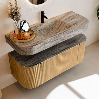MONDIAZ THOR-DLUX 120cm badmeubel ronding links + rechts kleur Oak met 1 lade en 2 deuren. Vrijhangende wastafel CLOUD Midden 1 kraangat kleur Oza.
