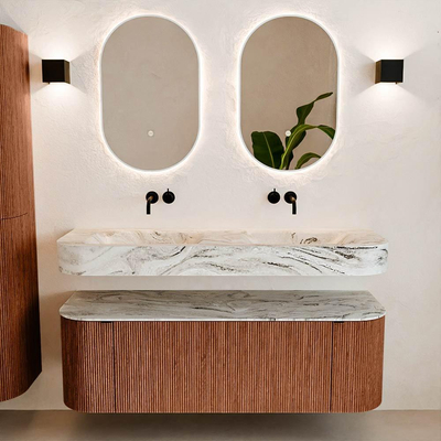 MONDIAZ THOR-DLUX 140cm meuble de salle de bains arrondi gauche + droite couleur Ruby avec 1 tiroir et 2 portes. Vasque suspendue CLOUD Double sans trou de robinet couleur Glace.