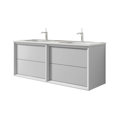 Saniclass Prime Core Ensemble meuble de salle de bains - 120x50x45cm - 2 vasques rectangulaires en céramique blanche - 2 trous de robinet - 4 tiroirs - miroir rectangulaire - greige mat (gris)