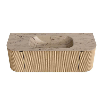 MONDIAZ KURVE-DLUX 130cm badmeubel ronding Links + Rechts kleur Oak met 1 lade en 2 deuren. Wastafel BIG SMALL Midden 1 kraangat Arena.