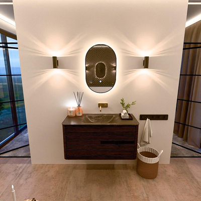 Mondiaz CIRO-DLUX Badkamermeubelset - 100x45x50cm - Solid surface wastafel Lava - 1 wasbak Midden - zonder kraangaten - 2 lades - Walnut