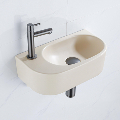 QeramiQ Fuente Ensemble de Lavabo - 40x21.5x12cm - gauche - lisse - demi-rond - 1 trou de robinet - céramique - robinet de lave-mains gunmetal - bouchon de vidange - siphon abaissé - beige