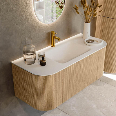 MONDIAZ KURVE 110cm Meuble salle de bain avec module 25 G et D - couleur Oak - 1 tiroir - 2 portes - vasque CLOUD centre - 1 trou de robinet - Talc