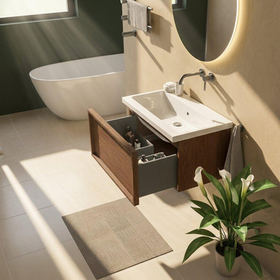 Saniclass Holz Frame Ensemble de meubles de salle de bains - 80x45x43.5cm - lavabo en céramique Bari blanc - 1 vasque - sans trou de robinet - 1 tiroir - walnut pure mat (bois)