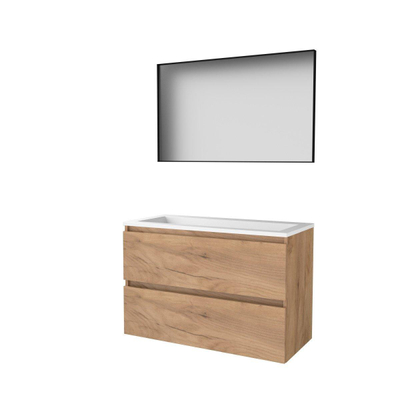 Basic-Line ensemble de meubles de salle de bains 100x46cm sans poignée 2 tiroirs vasque acrylique 0 trous de robinetterie miroir cadre aluminium noir mat sur tout le pourtour mfc whisky oak